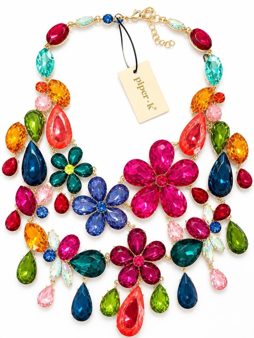 Piper Multicolor Crystal Floral Statement Necklace - Pink, Blue, Green & Orange